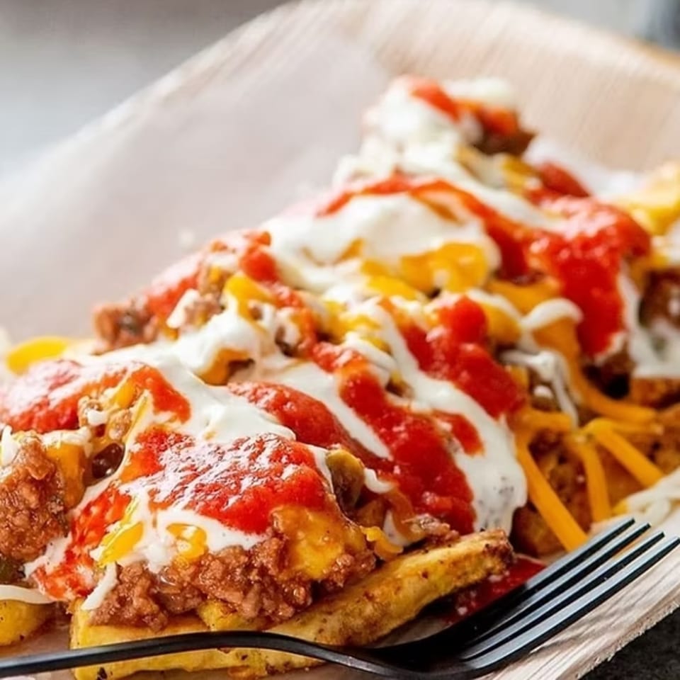 Close-up of loaded Puerto Rican fries with meat, cheese, ketchup, and mayo-ketchup sauce.